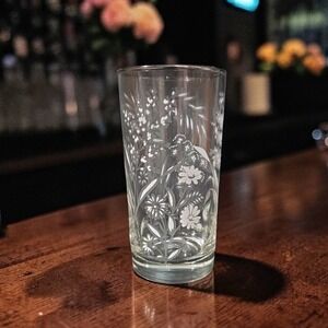 Libbey Etched White Wild Flowers Glass Tumbler, Silver Rim Barware,‎ Glassware